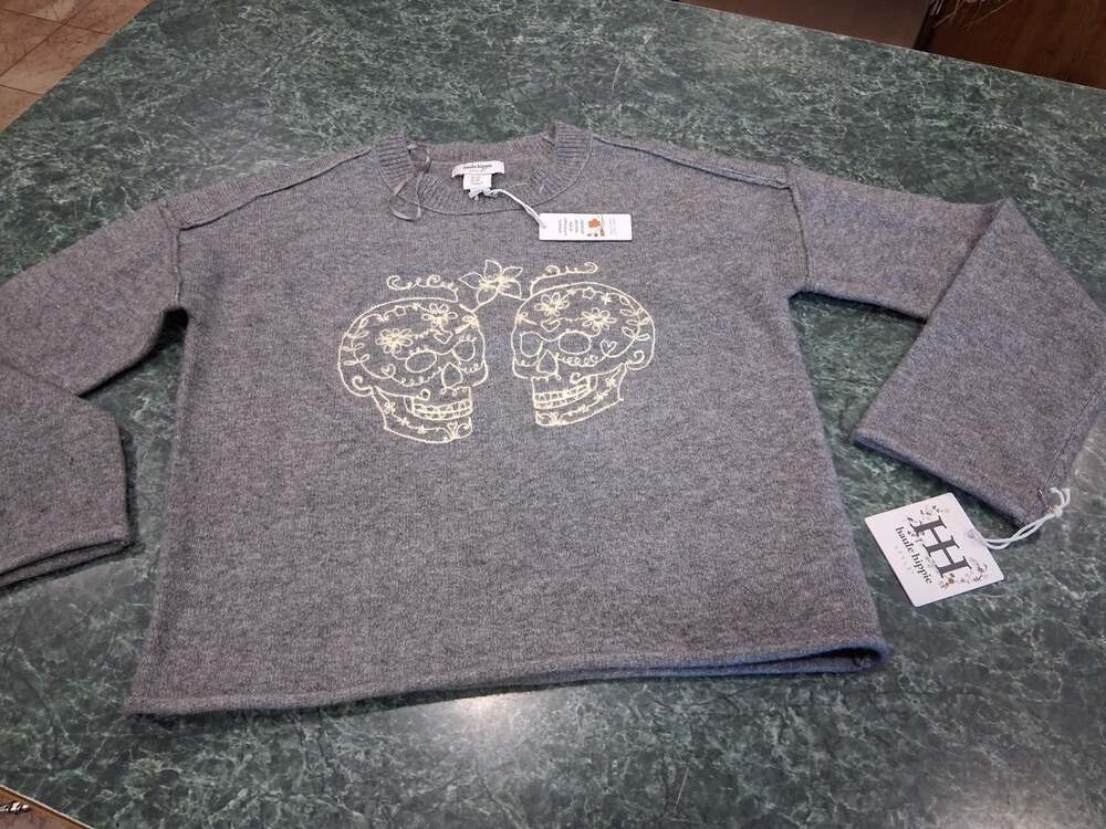 Haute Hippie Embroidered Sugar Skull Sweater Womens XS Cream Gray Roll Hem Soft